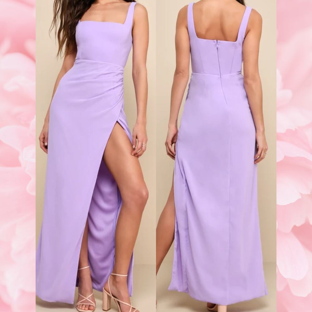 LULU'S  L Glamorous Disposition Lavender Ruched Bridesmaid Maxi Dress